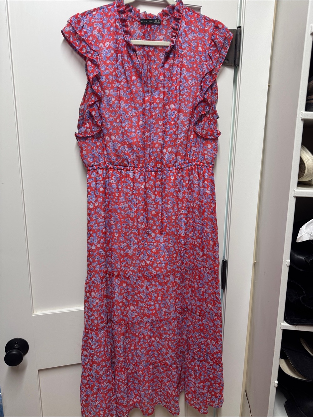 Black Tape_ Red Dress with Lavender Floral Print
